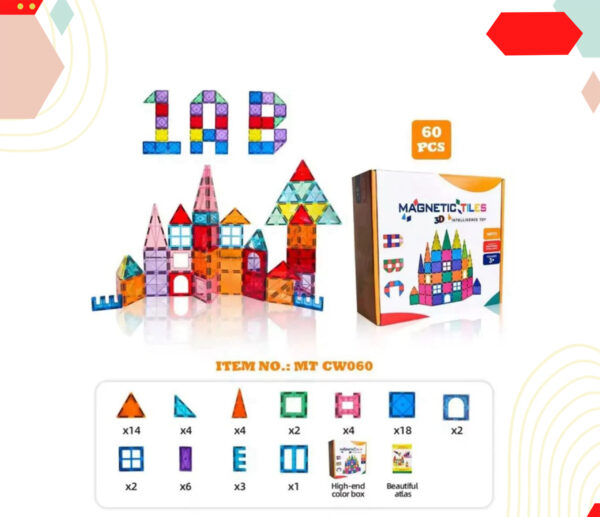 المكعبات المغناطيسية (Magnetic Tiles 3D Intelligence Toy) - 60 PCs
